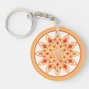 Mandala pattern in coral, orange and gold keychain