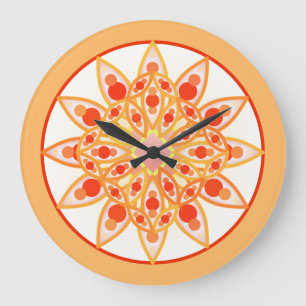 Mandala pattern in coral, orange and gold large clock