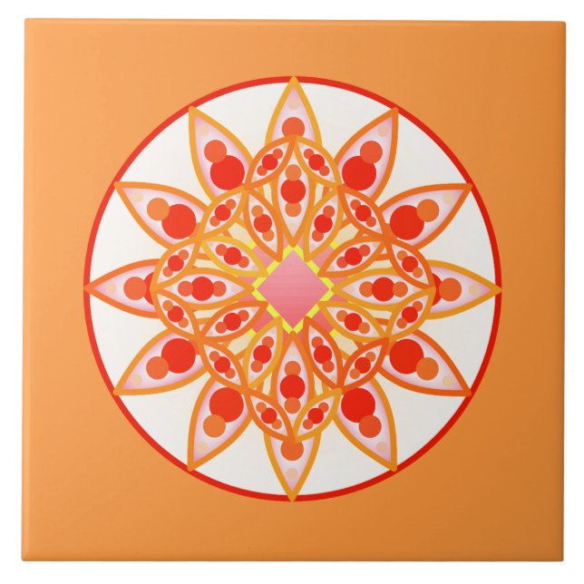Mandala pattern in coral, orange and gold tile (Front)