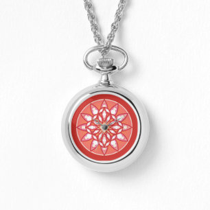 Mandala pattern in coral pink, burgundy and white watch
