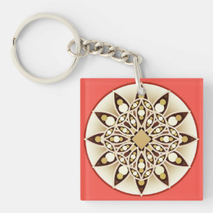Mandala pattern in coral pink, chocolate and tan keychain