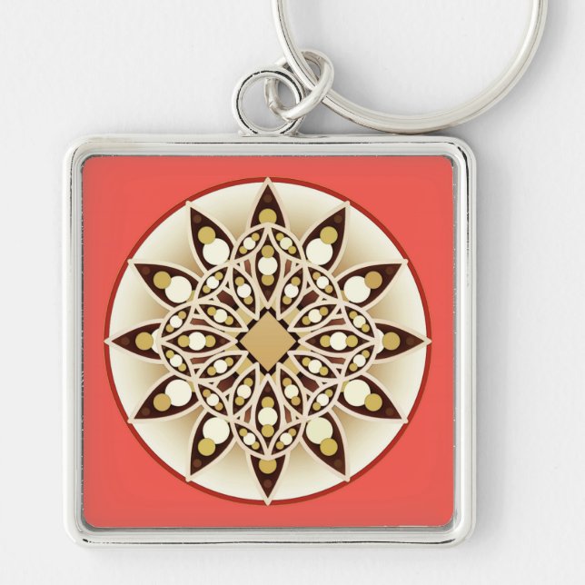 Mandala pattern in coral pink, chocolate and tan keychain (Front)