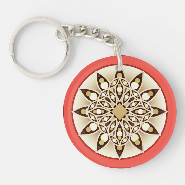 Mandala pattern in coral pink, chocolate and tan keychain (Front)