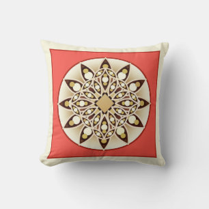 Mandala pattern in coral pink, chocolate and tan throw pillow