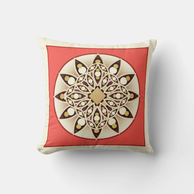 Mandala pattern in coral pink, chocolate and tan throw pillow (Front)