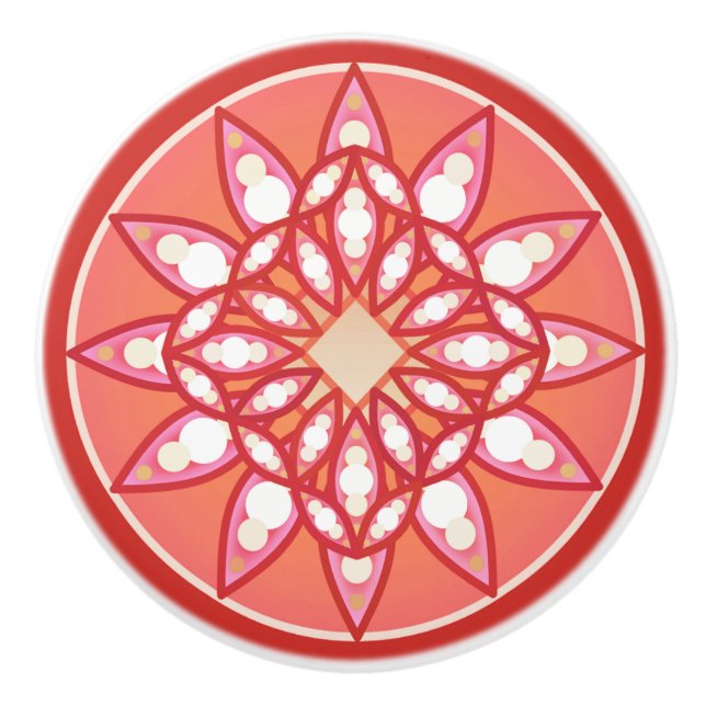 Mandala pattern in coral pink, dark red & white ceramic knob (Front)