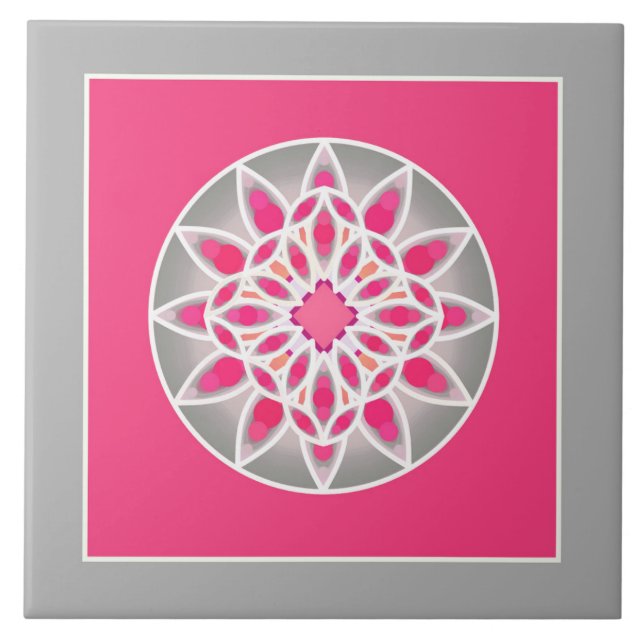 Mandala Pattern in Fuchsia Pink, Grey and White Tile (Front)