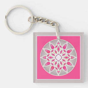 Mandala pattern in fuchsia pink, white and grey keychain