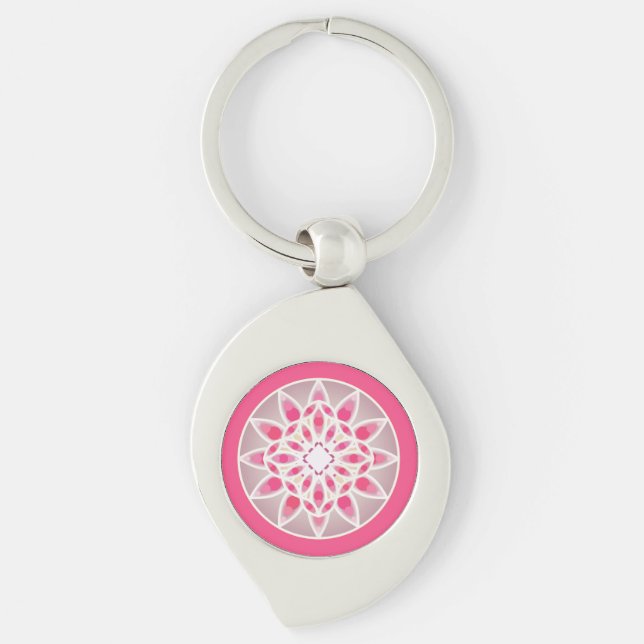 Mandala pattern in fuchsia pink, white and grey keychain (Front)