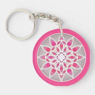 Mandala pattern in fuchsia pink, white and grey keychain