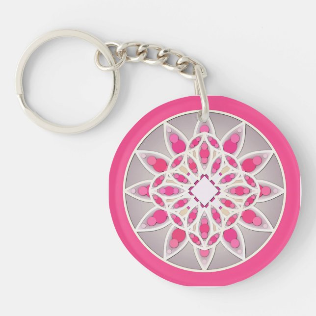 Mandala pattern in fuchsia pink, white and grey keychain (Front)