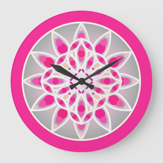 Mandala pattern in fuchsia pink, white and grey large clock (Front)
