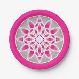 Mandala pattern in fuchsia pink, white and grey paper plate