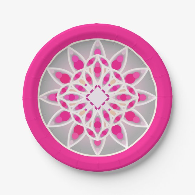 Mandala pattern in fuchsia pink, white and grey paper plate (Front)