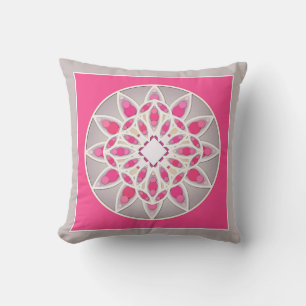 Mandala pattern in fuchsia pink, white and grey throw pillow