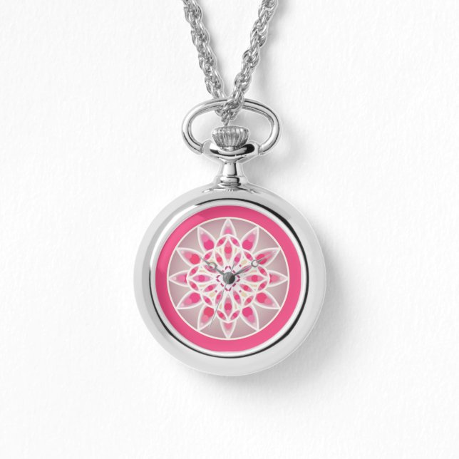 Mandala pattern in fuchsia pink, white and grey watch (Front)
