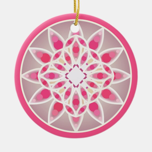 Mandala pattern in hot pink, white and grey ceramic ornament (Front)