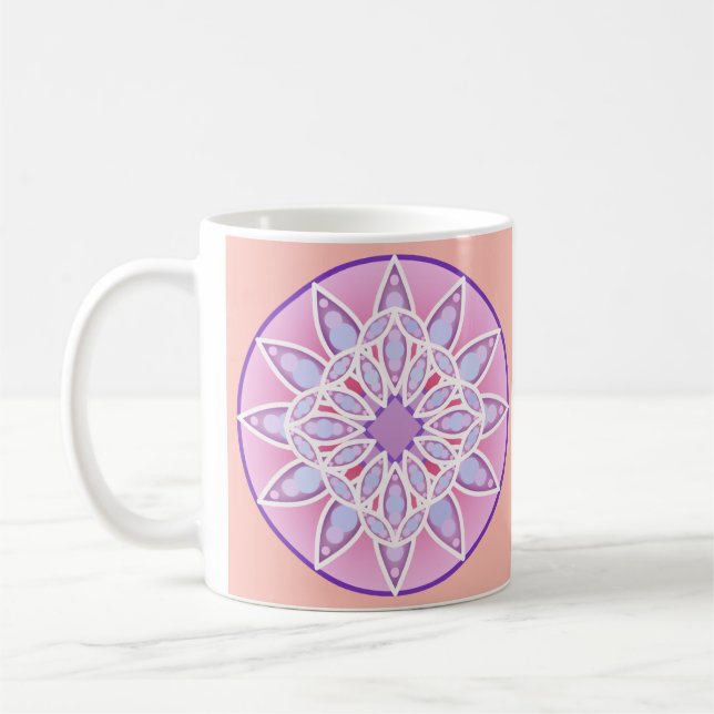 Mandala pattern in lavender, orchid and coral coffee mug (Left)