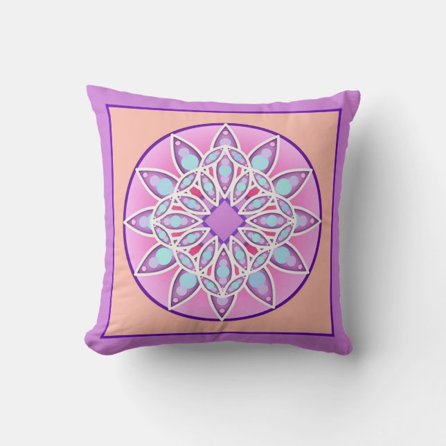 Mandala pattern in lavender, orchid and coral throw pillow (Front)
