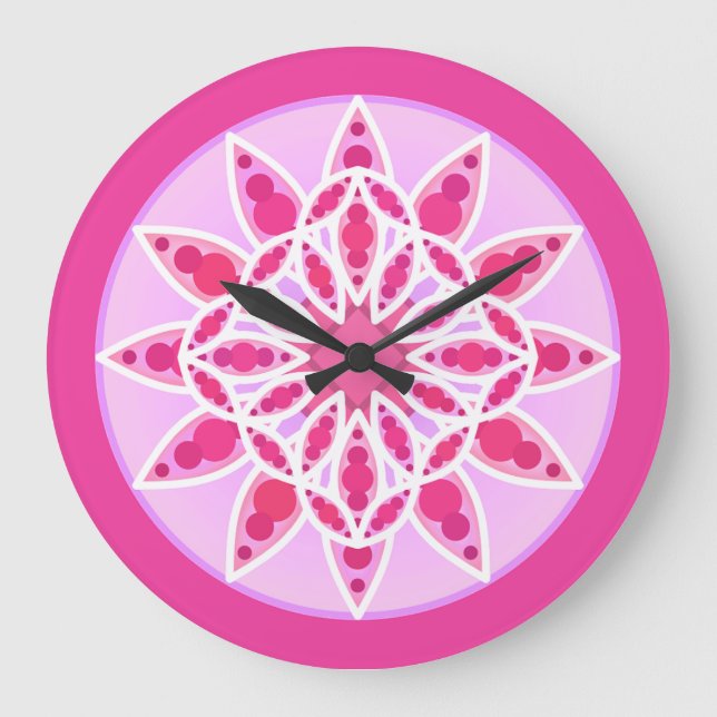 Mandala pattern in pink, fuchsia and white large clock (Front)