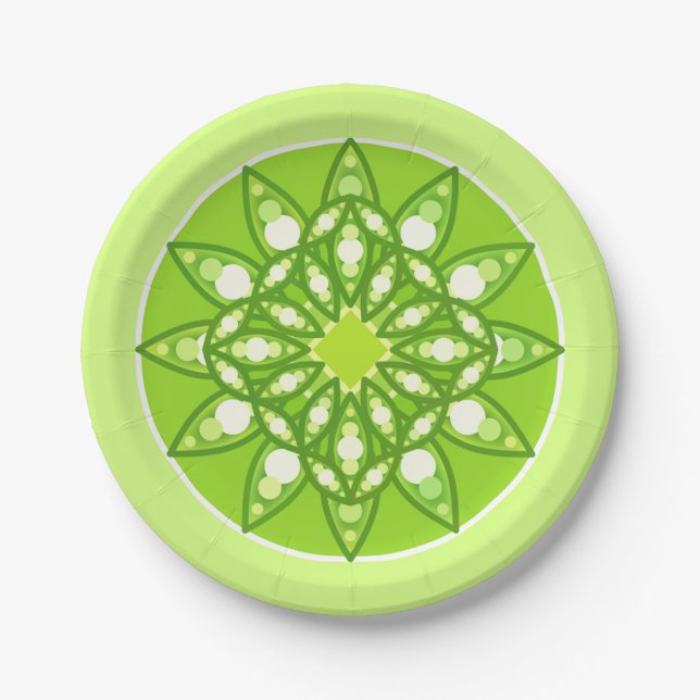Mandala pattern in shades of lime green paper plate (Front)