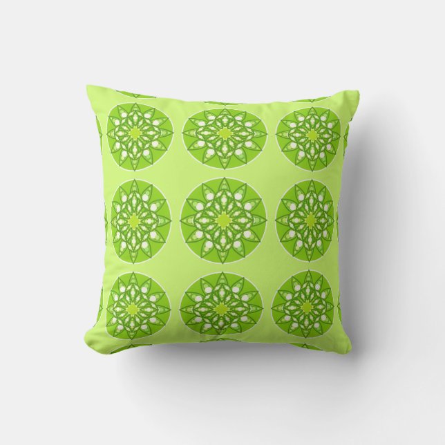 Mandala pattern in shades of lime green throw pillow (Front)