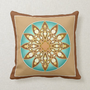 Mandala pattern in tan, cream and turquoise throw pillow