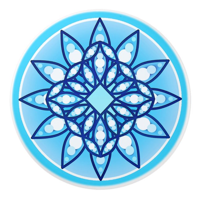 Mandala pattern in turquoise, cobalt & white ceramic knob (Front)