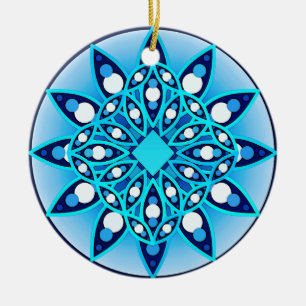 Mandala pattern in turquoise, cobalt & white ceramic ornament