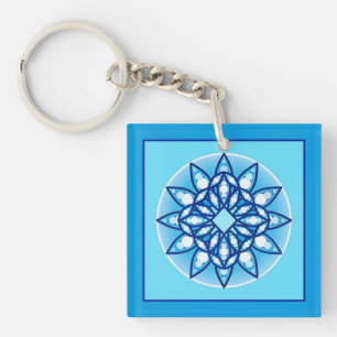 Mandala pattern in turquoise, cobalt & white keychain