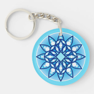 Mandala pattern in turquoise, cobalt & white keychain
