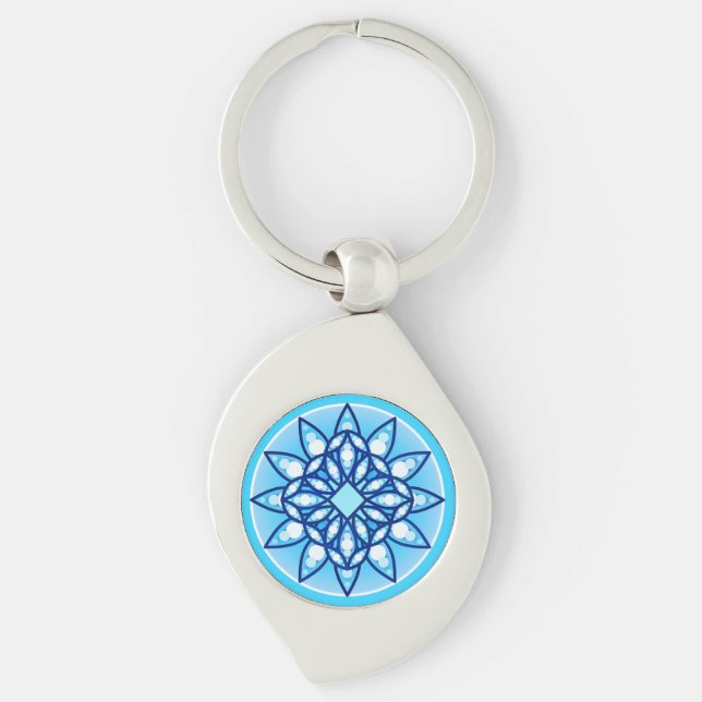 Mandala pattern in turquoise, cobalt & white keychain (Front)