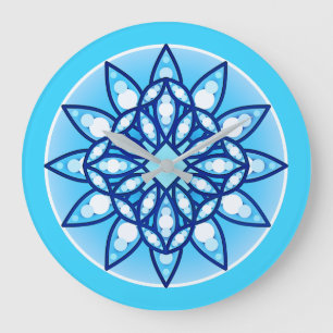 Mandala pattern in turquoise, cobalt & white large clock