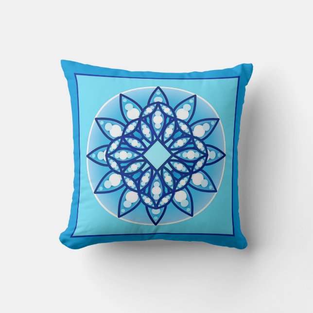 Mandala pattern in turquoise, cobalt & white throw pillow (Front)