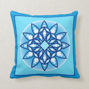 Mandala pattern in turquoise, cobalt & white throw pillow