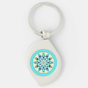 Mandala pattern in turquoise, tan and navy keychain