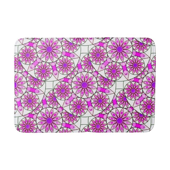 Mandala pattern, lavender, pink, hot pink, white bath mat (Front)