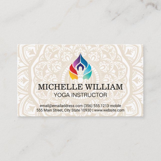 Mandala Pattern | Rainbow Colour Yoga Logo Business Card (Front)