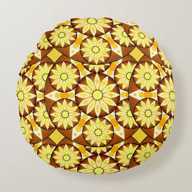 Mandala pattern, shades of brown and gold round pillow (Front)