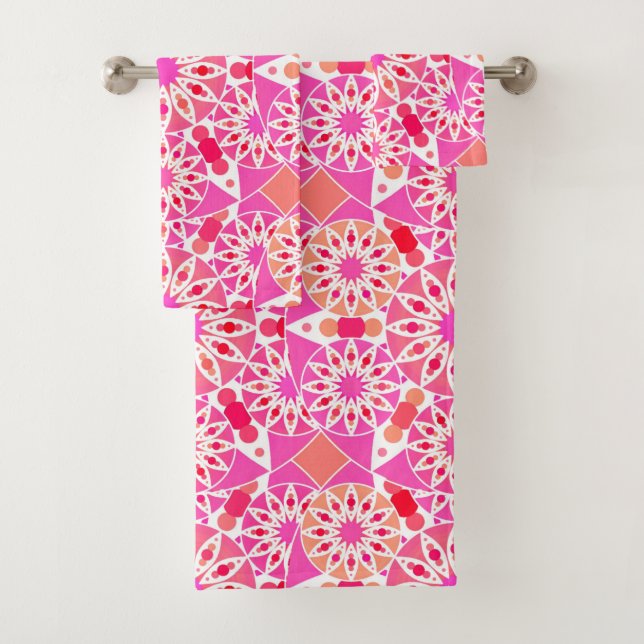 Mandala pattern, Shades of Pink and Coral Bath Towel Set (Insitu)