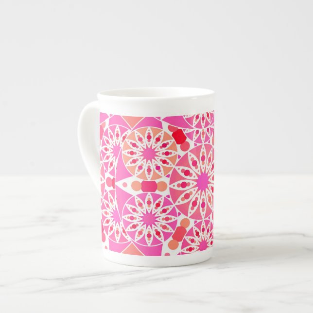 Mandala pattern, shades of pink and coral bone china mug (Front Left)