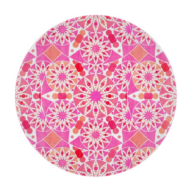 Mandala pattern, shades of pink and coral cutting board (Front)