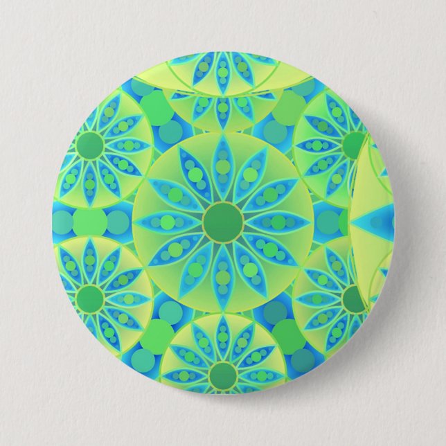 Mandala pattern, turquoise, blue, lime green 3 inch round button (Front)