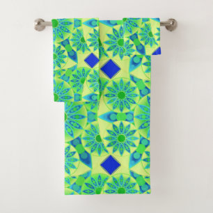 Mandala Pattern, Turquoise, Blue, Lime Green Bath Towel Set