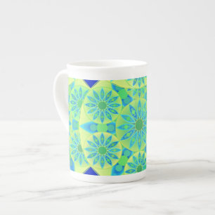 Mandala pattern, turquoise, blue, lime green bone china mug