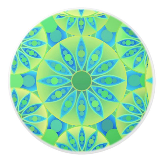 Mandala pattern, turquoise, blue, lime green ceramic knob (Front)