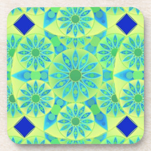 Mandala pattern, turquoise, blue, lime green coaster