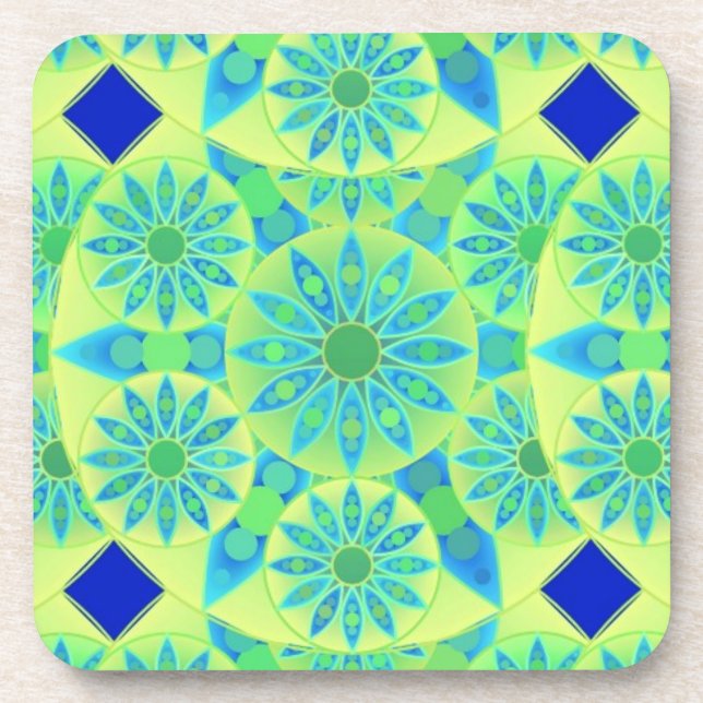 Mandala pattern, turquoise, blue, lime green coaster (Front)