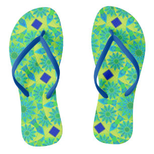 Mandala pattern, turquoise, blue, lime green flip flops