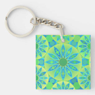 Mandala pattern, turquoise, blue, lime green keychain
